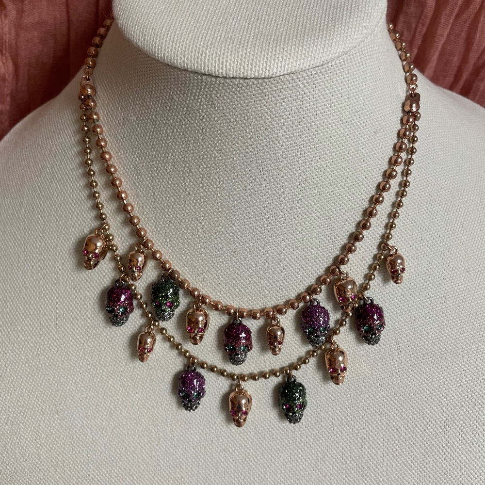 Rose Gold Betsey Johnson Double Strand Skull Necklace